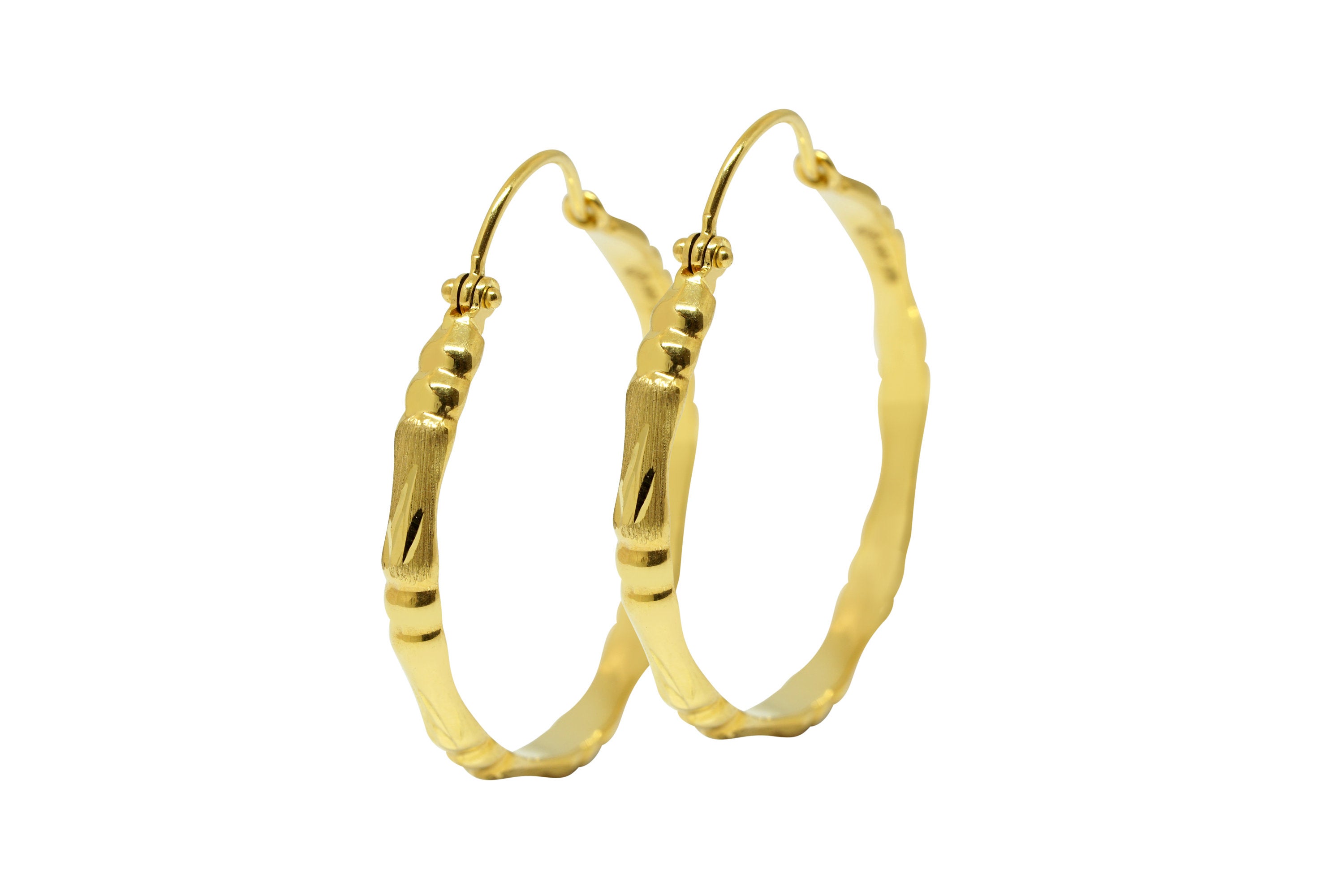 Semi Solid 14K Bamboo Hoop Hinged Back Earrings - Image 4