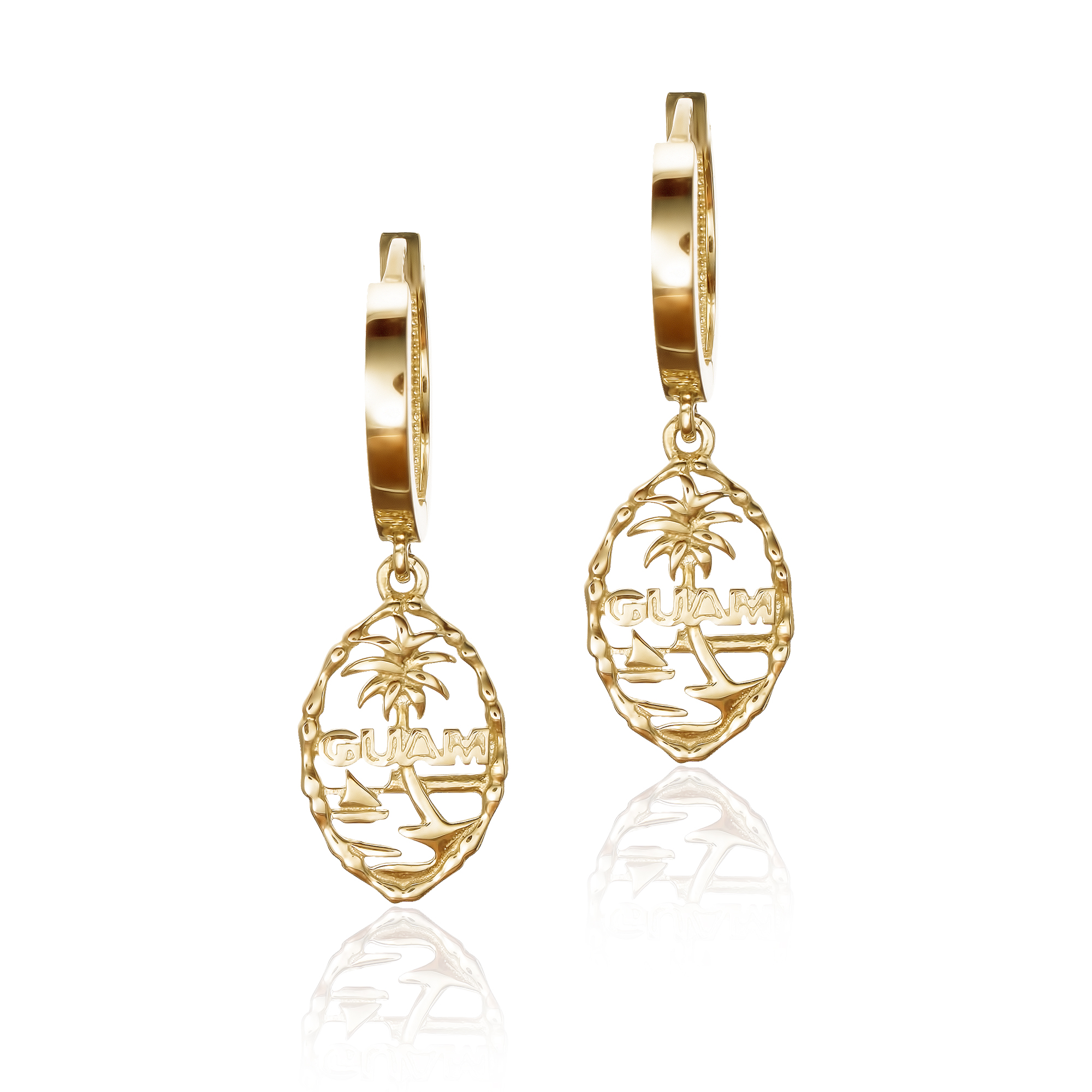 Solid 14K Bamboo Border Guam Seal Dangling Earrings