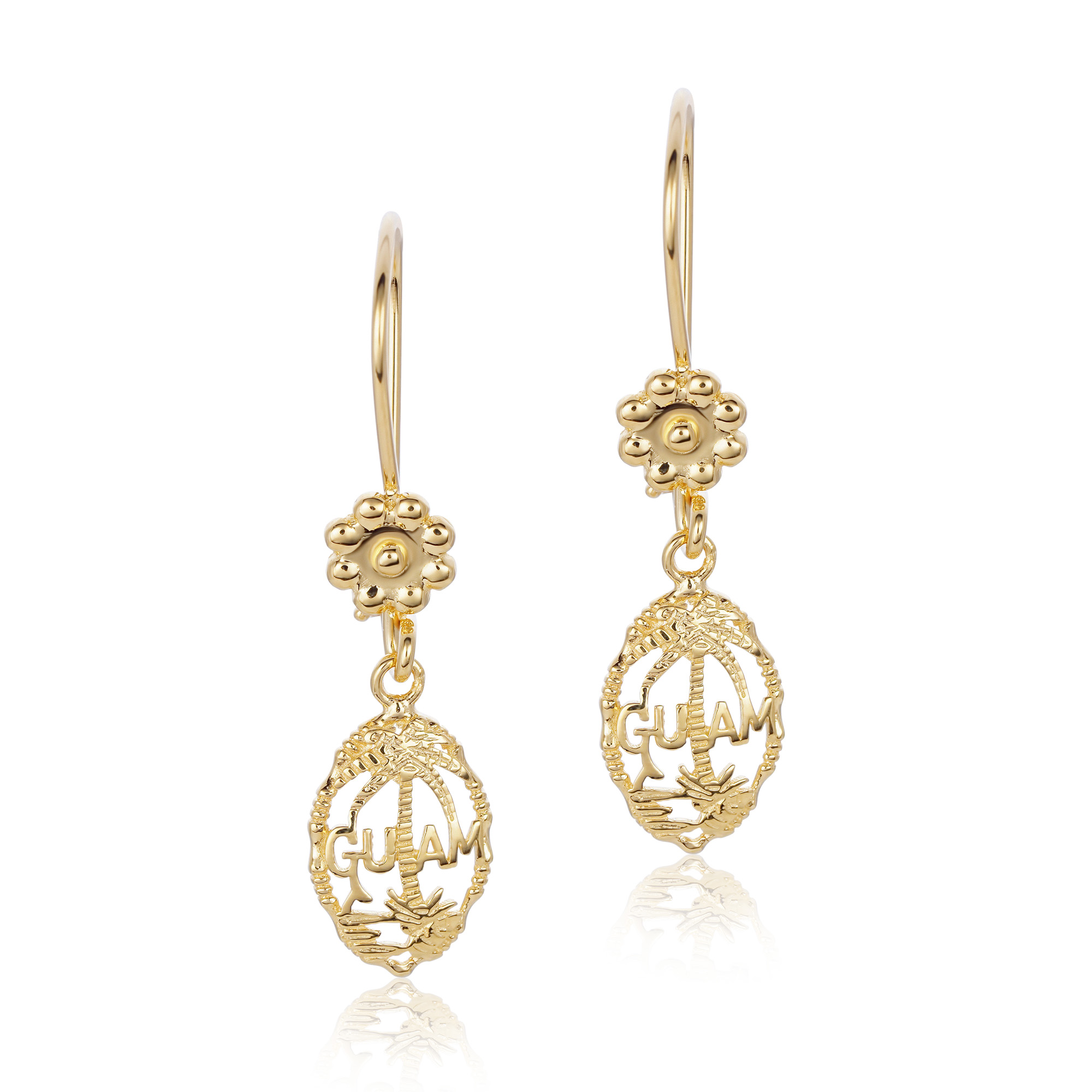 Solid 14K Guam Seal French Flower Hook Dangling Earrings